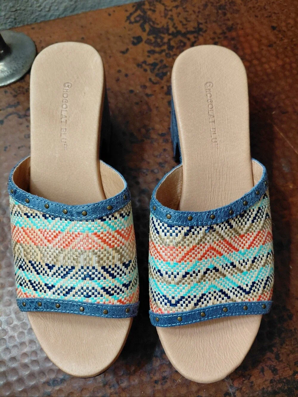 Chocolat Blu Sz. 7 Blue Combo Raffia Guro Platform Sandal